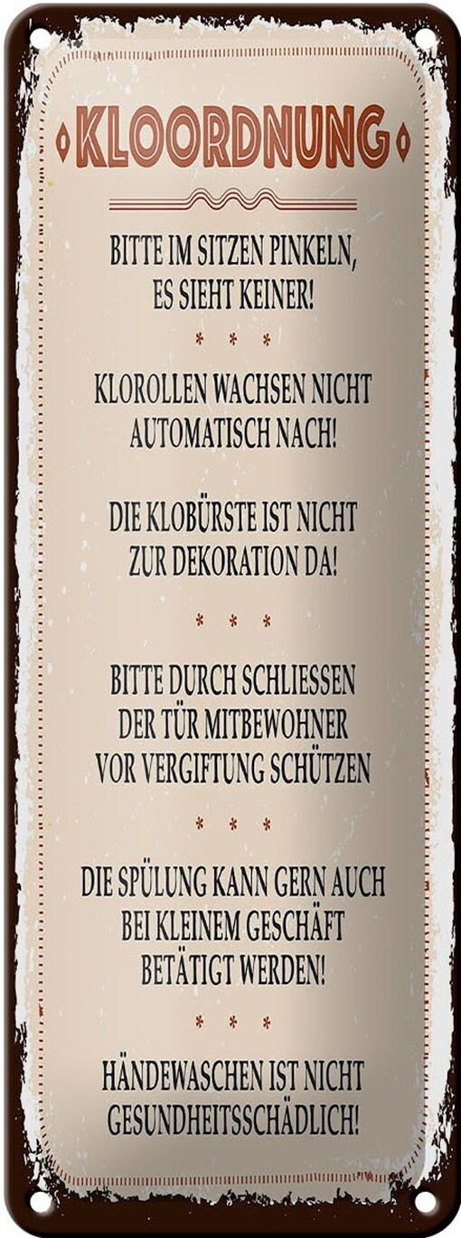 Metal sign saying toilet order please pee sitting down 10x27cm