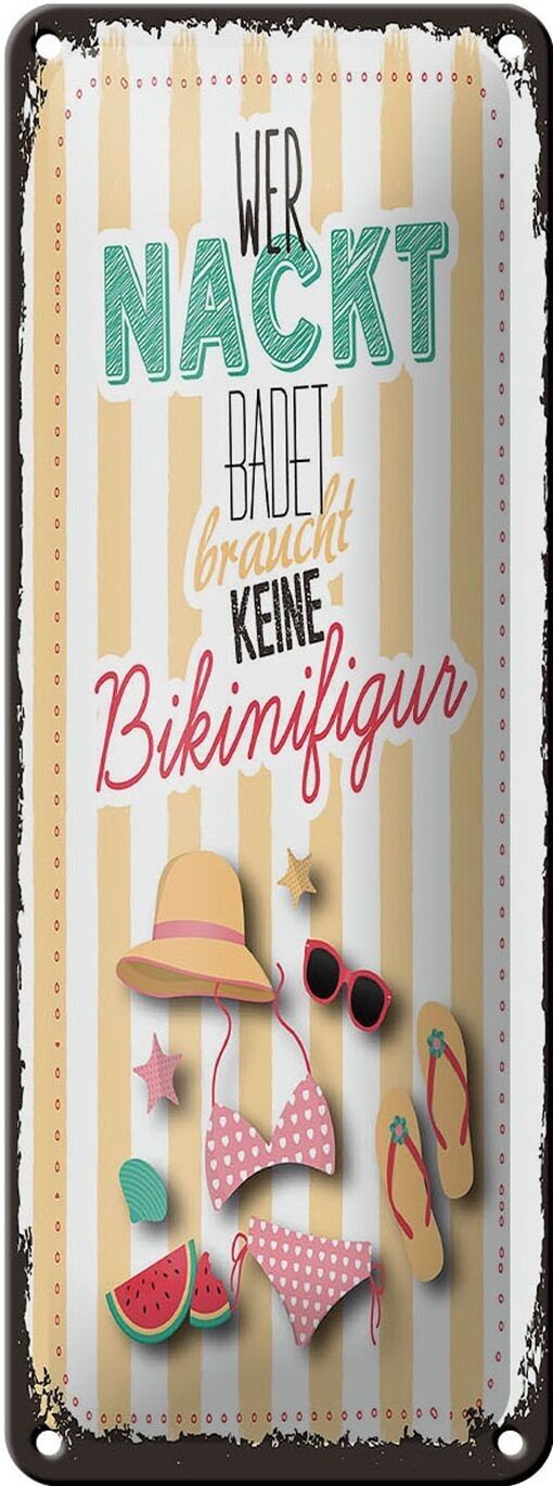 Targa in metallo che dice che chi fa il bagno nudo non ha una figura in bikini 10x27 cm