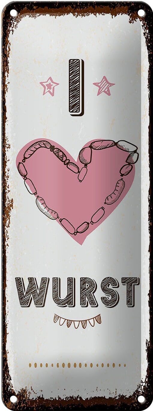 Tin sign saying food I love sausage heart 10x27cm
