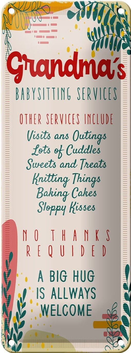Targa in latta con scritta "Servizi di babysitter della nonna" 10x27 cm