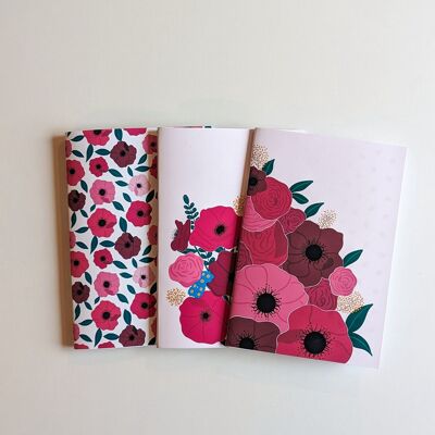 Set of 3 assorted A5 stapled notebooks - Anemones theme