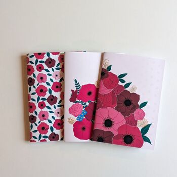 Lot de 3 Carnets agrafés assortis A5 - Thème Anémones 1