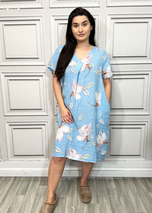 Pure Linen Floral Print Midi Dress