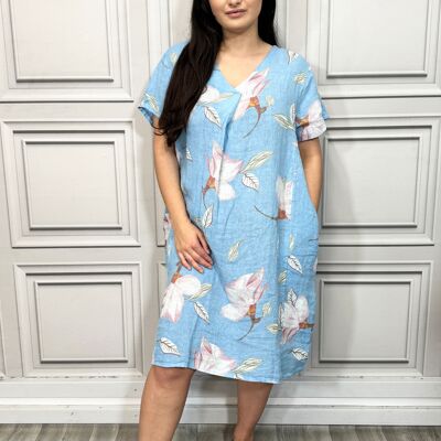 Pure Linen Floral Print Midi Dress