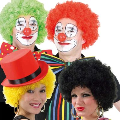 Parrucca da clown per travestimento verde/rosso/nero/giallo