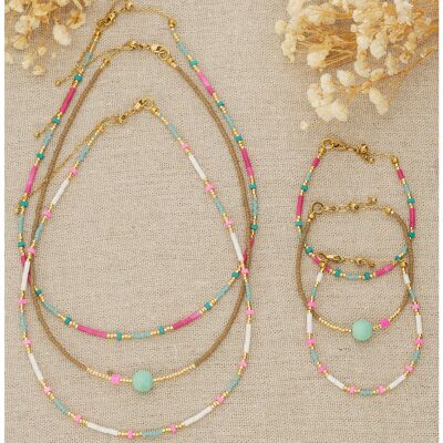 Set of 3 Bracelets and set of 3 necklaces in natural stones and stainless steel