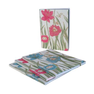 Notebook with heron pattern, tall grass and lotus flowers, pink or blue color, A5