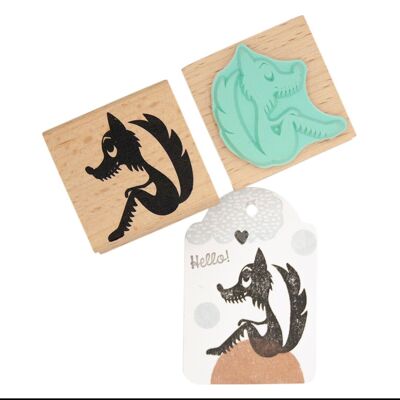 Sitting Wolf rubber Stamp - Mint Green Rubber on Beech wood Handle - Ideal for Crafting and Scrapbooking