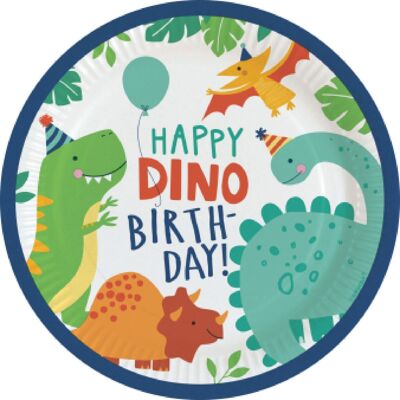 8 Round Dino Birthday Paper Plates 23 Cm