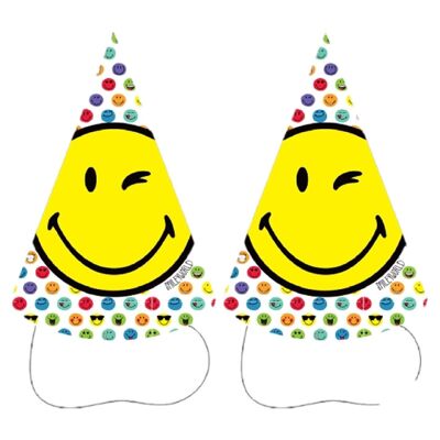 8 Chapeaux Coniques Smiley World Papier Anniversaire