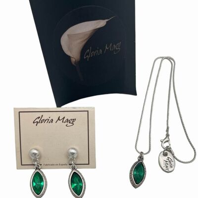 Ensemble pendentif et boucles d'oreilles en forme de goutte en zamak plaqué argent sterling et cristal vert facetté