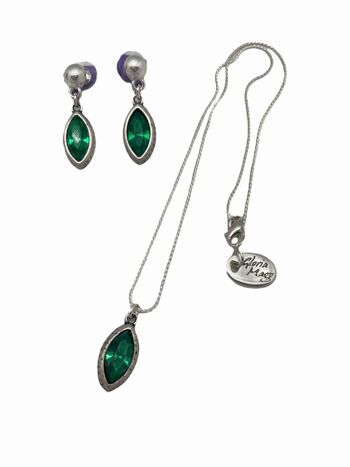 Ensemble pendentif et boucles d'oreilles en forme de goutte en zamak plaqué argent sterling et cristal vert facetté 2