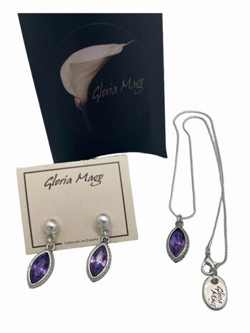 Ensemble pendentif et boucles d'oreilles en forme de goutte en zamak plaqué argent sterling et cristal violet facetté 1