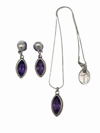 Ensemble pendentif et boucles d'oreilles en forme de goutte en zamak plaqué argent sterling et cristal violet facetté 3