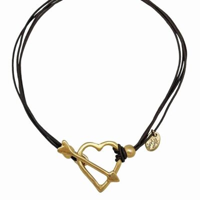 Brauner Kordel-Halsband mit Herz- und Pfeilverschluss aus goldenem Zamak