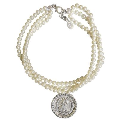 Collana di perle in argento a 3 fili con moneta