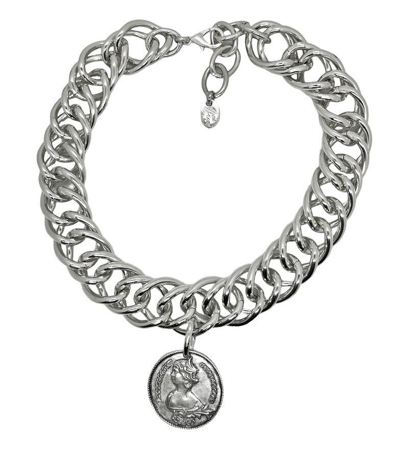 Collana in argento a doppia maglia larga con moneta
