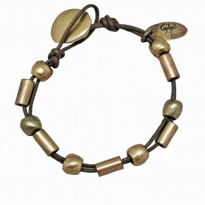 Bracelet en cuir marron avec pièces dorées doublé avec fermeture bouton