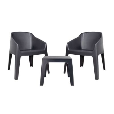 garbar BAKU Set 2+1 Stuhl mit Armlehnen-Tisch, recycelte Innenseite, anthrazitfarbene Außenseite