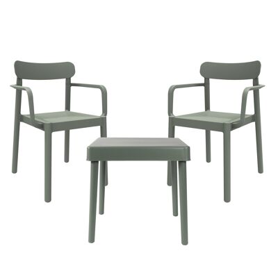garbar ALBA-ELBA Set 2+1 Stuhl mit Armlehnen – Tisch für den Innenbereich, grüngraue Außenseite