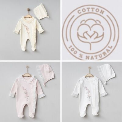 A Pack of Three Sizes Elegant Lace Pleated Girl's Newborn Onesie & Bonnet Set