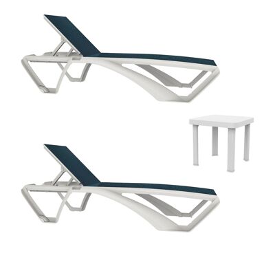 Resol MARINA-ANDORRA Set 2+1 Outdoor Lounger-Auxiliary Table White Structure - Textilene Blue Jeans