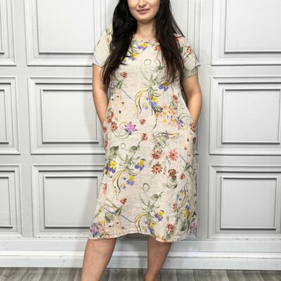 Floral Print Pure Linen Midi Dress with Pockets and Ribbed Stretchy Sides