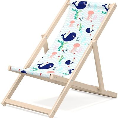 Kinder Liegestuhl für Garten - Premium Liegestuhl für Kinder aus Holz für Balkon und Strand - Sonnenliege für Kinder - modernes Design - Sonnenliege für Kinder im Freien - Motiv Delphin