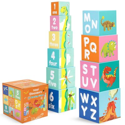 boppi - Cubos apilables - 10 cubos - De cartón reciclado - 4 diseños disponibles: dinosaurios, corral, safari en la jungla, vehículos