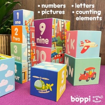 boppi - Cubes empilables - 10 cubes - Fabriqués à partir de carton recyclé - 4 modèles disponibles : dinosaures, cour de ferme, safari dans la jungle, véhicules 9