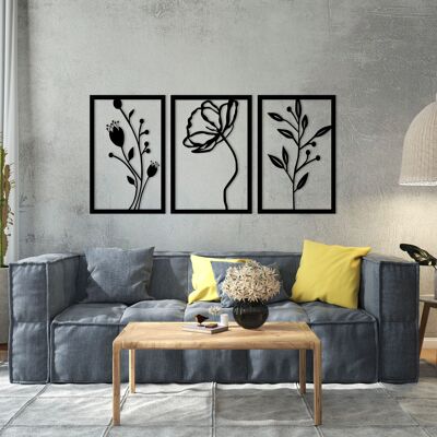 Outentin Moderne Wanddeko Wohnzimmer - Deko für Wohnzimmerwand - 3D Wandbilder - Wandskulpturen - Große Wanddeko in Schwarz - Perfekt für Schlafzimmer Küche und Büro - 90 x 43 cm (Mohnblume)