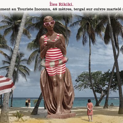 Postkarte - Rikiki-Inseln. Denkmal für den unbekannten Touristen, 48 Meter, Tergal auf handgehämmertem Kupfer.