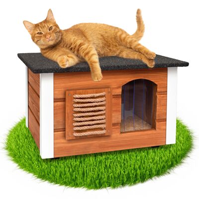 Casa para gatos al aire libre - Refugio aislado - Impermeable y resistente a la intemperie - 61 X 39 X 36 cm (Teca)