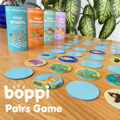 boppi - Memory-Spiel mit Bilderpaaren – aus recycelter Pappe – Verfügbare Designs: Dinosaurier, Bauernhof, Essen, Wildtiere