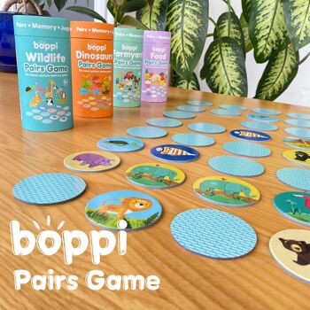 boppi - Jeu de mémoire par paires d'images - Fabriqué à partir de carton recyclé - Modèles disponibles : dinosaures, cour de ferme, nourriture, faune 1