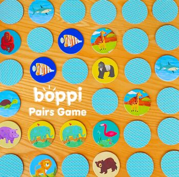 boppi - Jeu de mémoire par paires d'images - Fabriqué à partir de carton recyclé - Modèles disponibles : dinosaures, cour de ferme, nourriture, faune 3