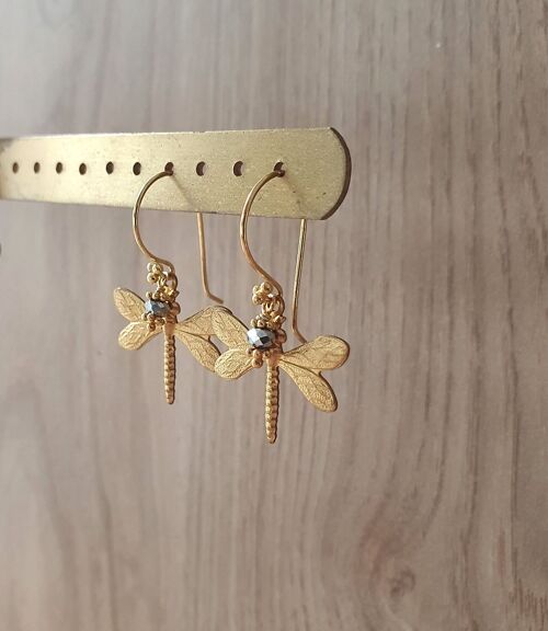 Gold dragonfly earrings with Black Diamond crystals