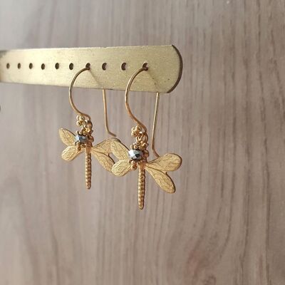 Gold dragonfly earrings with Black Diamond crystals