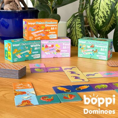 boppi - Gioco di domino per bambini - Realizzato in cartone riciclato - 4 design disponibili: Dinosauri, Cortile, Cibo, Fauna selvatica