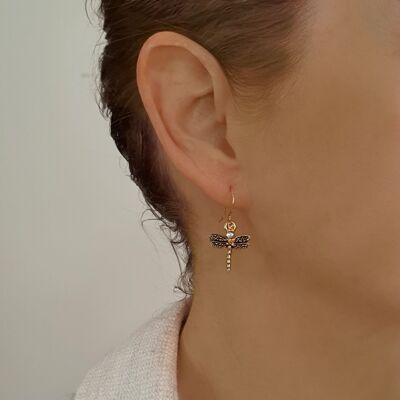 Gold dragonfly earrings with Black Diamond crystals