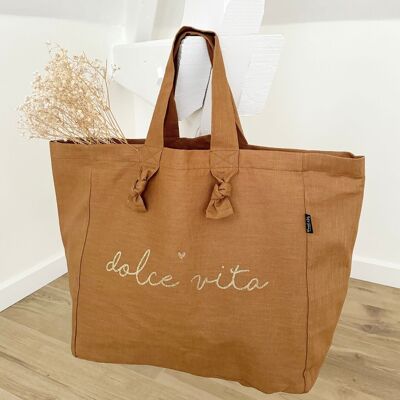 Linen and cotton tote bag - Camel - Dolce Vita