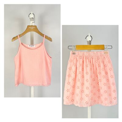 Ensemble top en gaze de coton, jupe broderie anglaise fille