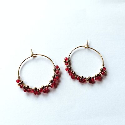 Hoop Earrings in Gold Stainless Steel with Ruby Beads and Gold Beads