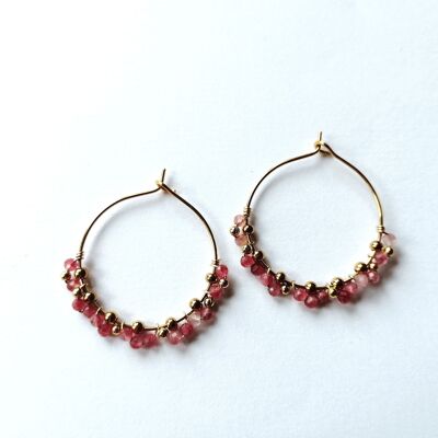 Hoop Earrings in Gold Stainless Steel with Pink Crystal Beads and Gold Beads
