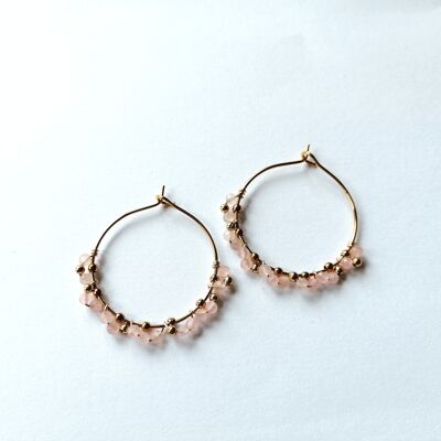 Hoop Earrings in Gold Stainless Steel with Rose Quartz Beads and Gold Beads