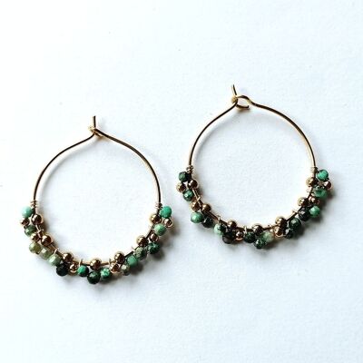 Hoop Earrings in Gold Stainless Steel with African Turquoise Beads and Gold Beads
