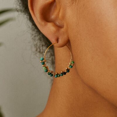 Boucles d’Oreilles Créoles en Acier Inoxydable Doré avec Perles en Turquoise Africaine et Perles Dorées