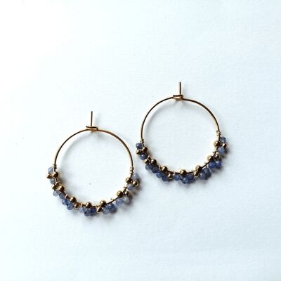 Hoop Earrings in Gold Stainless Steel with Blue Aventurine Beads and Gold Beads