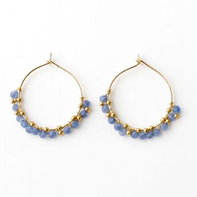 Boucles d’Oreilles Créoles en Acier Inoxydable Doré avec Perles en Aventurine Bleue et Perles Dorées
