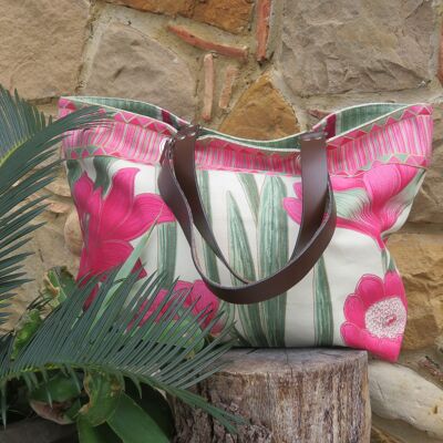 Reversible cotton canvas bag, pink and green flower patterns